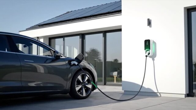 Electric car charging at a modern home with solar panels, sustainable energy