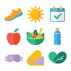 Fitness and daily wellness routine icon set with running yoga calendar hydration nutrition symbols, active healthy lifestyle flat vector illustration