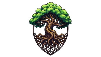 Tree with roots in a shield shape isolated on transparent background