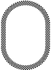 Oval frame with black and white squares checkered print. Elliptic vignette with checkerboard, race flag or chess game plane pattern. Geometric framework. Vector graphic illistration.