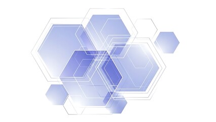 Abstract background featuring overlapping translucent blue hexagonal shapes with white outlines suggesting digital technology and futuristic network connections on a clean white canvas