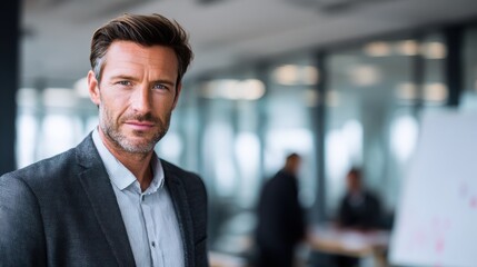 Confident businessman in suit looking directly at the camera in a modern office setting