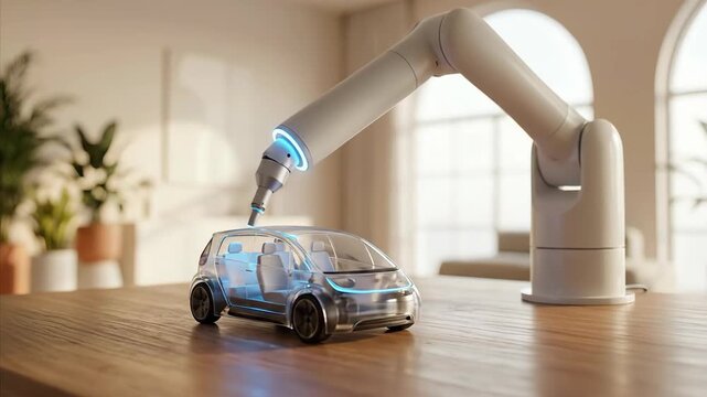 Robot arm with glowing tip drawing on miniature car model on wooden table. Modern home interior with plants and arched window. Futuristic automation and technology concept. video footage video footage