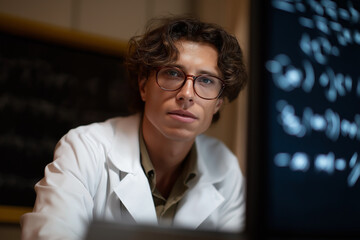 A focused scientist, dressed in a lab coat, observes mathematical equations on a screen, representing dedication to research, innovation, and intellectual curiosity.