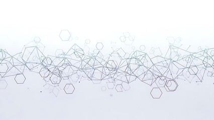Abstract digital network of interconnected geometric shapes and lines forming a complex molecular structure against a bright white background representing science and technology concepts