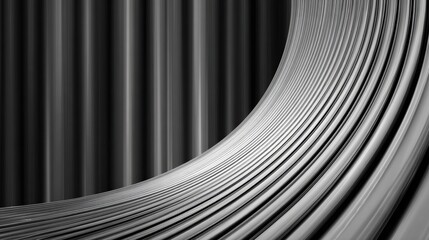 Abstract metallic ribbed surface with a curved perspective and dark background