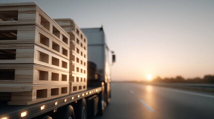 A truck is driving down a road with wooden pallets on the back
