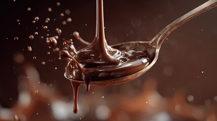 Rich dark chocolate sauce pouring onto a spoon with splashes and droplets in motion