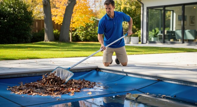 Man kneeling to clean autumn leaves off a closed residential swimming pool cover.
