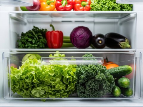 Fresh vegetables stored in a refrigerator crisper drawer for healthy eating
