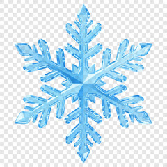 A complex translucent snowflake with crystalline facets in shades of light blue on a transparent background. Transparency only in vector format.