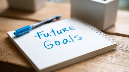Obraz premium Handwritten Future Goals on a Notepad with a Blue Marker Laid on a Wooden Desk Surrounded by Greenery