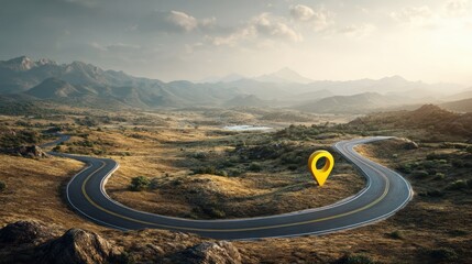 Winding mountain road with a prominent yellow location pin marker in a scenic landscape