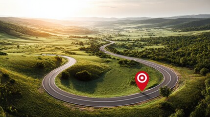 Winding road through lush green hills at sunrise with a location pin