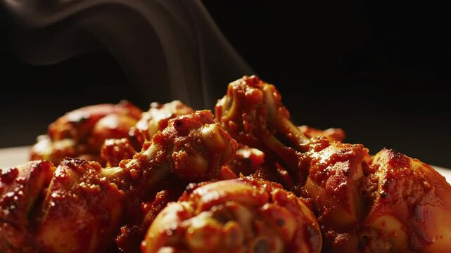 Spicy, steaming roasted chicken drumsticks. Dark background food photo for restaurant menu, recipe
