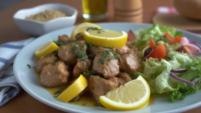 Griechische Zitronen-H&auml;hnchenpfanne mit Salat