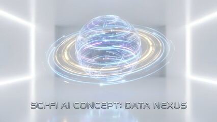 An abstract swirling neon light design on a gray background with futuristic elements and text