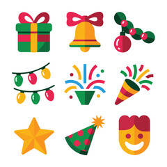 Fototapeta premium Christmas party element icon set with smile star bell gift garland, playful celebration flat vector illustration design collection