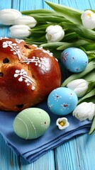 Fototapeta premium Easter celebration with a delicious cake, colorful eggs, and fresh tulips on a blue pastel table setting