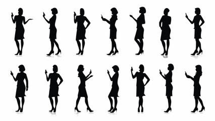 Naklejka premium Set of businesswomen silhouettes using smartphones in various poses