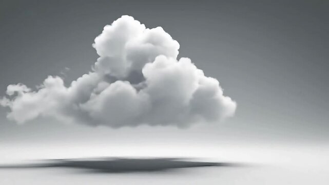 Solitary white cumulus cloud floats suspended in a minimalist gray studio environment casting a soft shadow below