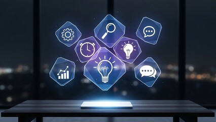 Holographic digital interface displaying business strategy icons like ideas search time and growth floating above a glowing tablet in a dark office setting