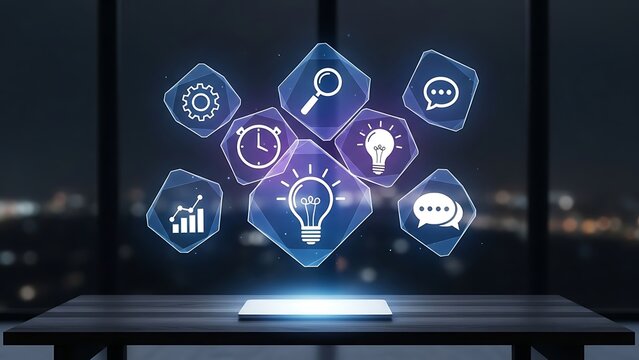Holographic digital interface displaying business strategy icons like ideas search time and growth floating above a glowing tablet in a dark office setting - Powered by Adobe