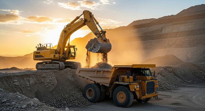 Large hydraulic excavator loading heavy duty mining dump truck at sunset