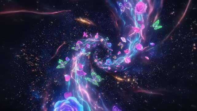 Swirling spiral of colorful roses and butterflies. Mystical glowing petals and wings in pink and blue hues. Cute animated design for Christmas Eve and New Year mysticism. video footage video footage