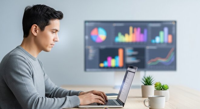 Young man working on a laptop while analyzing colorful business data dashboards on a large screen.