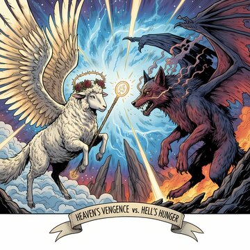 Epic Battle: Heaven's Vengeance vs. Hell's Hunger Allegorical Illustration