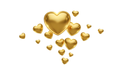 Golden hearts floating on isolated on transparent background