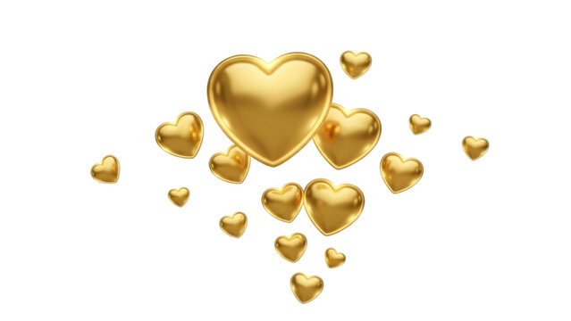 Golden hearts floating on isolated on transparent background