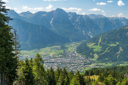 Panoramic view of Lienz and the Lienz Dolomites seen from the Zettersfeld area in Tyrol, Austria
