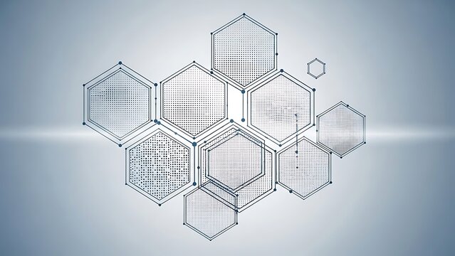 Abstract geometric background featuring interconnected blue hexagonal shapes with digital dot patterns representing network structure and futuristic technology concepts - Powered by Adobe