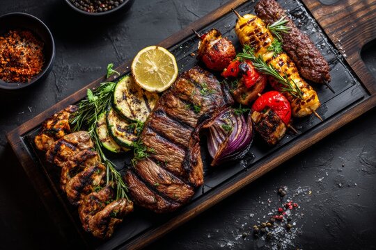 Delicious Grilled Beef Steak, Lamb Chops, Chicken Skewers and Vegetables Served on a Dark Fancy Board With Herbs and Lemon
