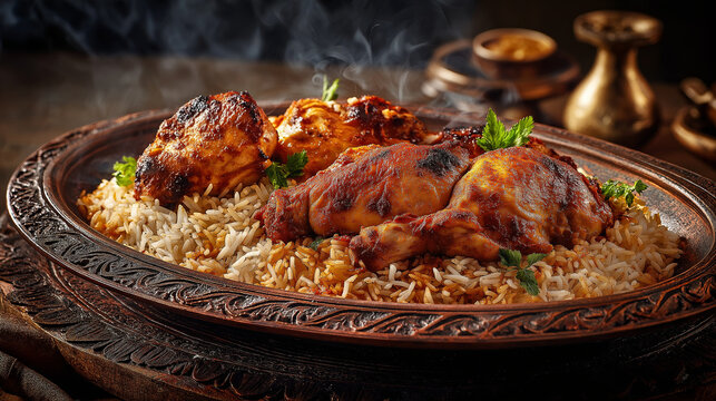 Aromatic Arabian chicken mandi with long-grain rice, slow-cooked spiced chicken, smoky presentation, served on a traditional platter