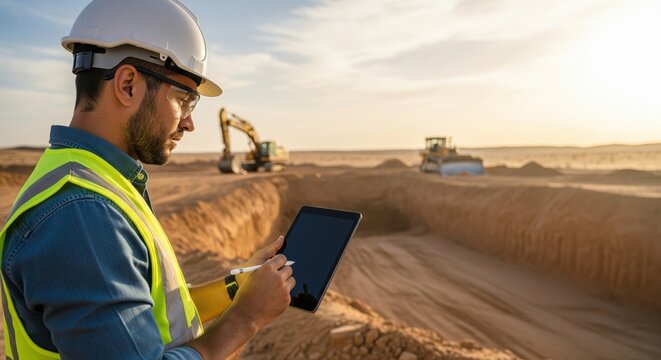 Civil engineer uses a digital tablet for site inspection at a large construction zone during sunset