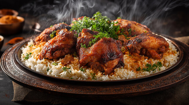 Aromatic Arabian chicken mandi with long-grain rice, slow-cooked spiced chicken, smoky presentation, served on a traditional platter
