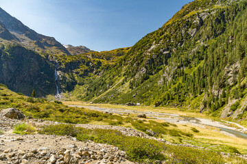 Sulzenau waterfall along the Wilde Wasser Weg trail in the Stubai Valley in the Tyrol region of Austria
