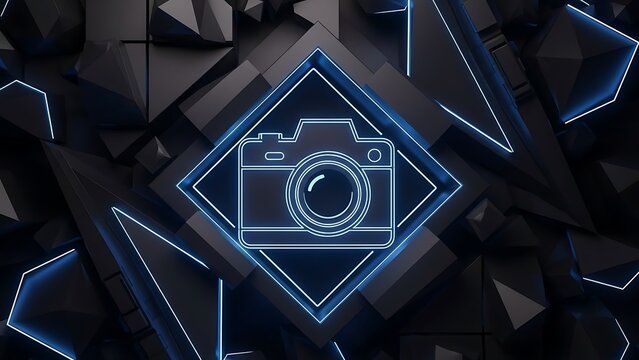 Striking neon blue camera icon glows brightly against a dark abstract background composed of sharp geometric shapes creating a futuristic digital aesthetic - Powered by Adobe