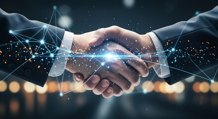 Close up of two business people shaking hands with glowing digital network connections symbolizing partnership, agreement, and global technology connection