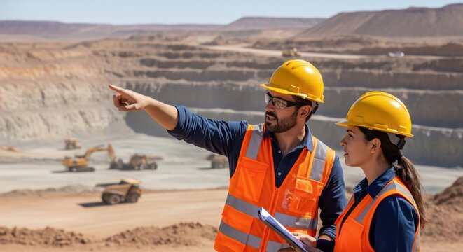 Mining engineers supervising operations and pointing across a massive open pit mine site.