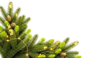 Christmas corner decoration with glowing fairy lights and pine cones