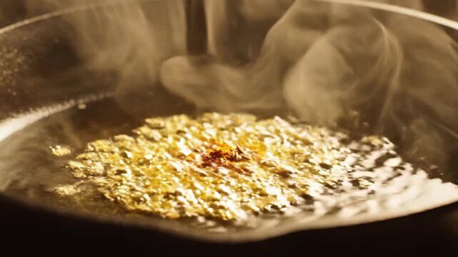 Close-up of a sizzling cooking process with hot oil in slow motion, steam rising from a pan with a golden-brown food item.