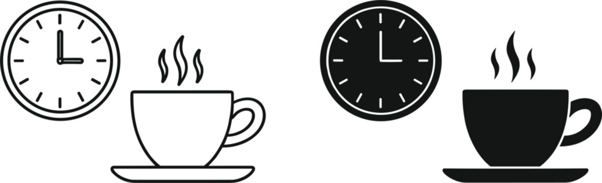 Monochrome vector set presenting two variations (outline and solid black) of a classic analog wall clock next to a steaming hot cup of coffee, symbolizing break time, work schedule, morning ritual, an