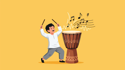 Happy boy playing a djembe drum with drumsticks, surrounded by musical notes on a yellow background.