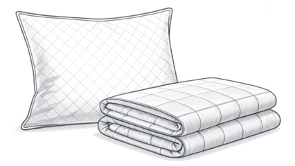 "Line art vector of a pillow and blanket, daily sleep essentials, transparent background"