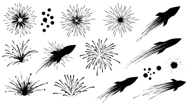 Black and white fireworks and rocket illustrations