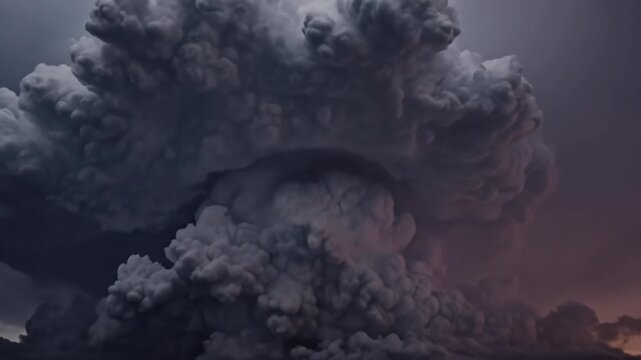 Towering dark cloud formation dominates sky, turbulent smoke and ash rise into dramatic atmosphere. Concept of power, destruction, natural force, video.